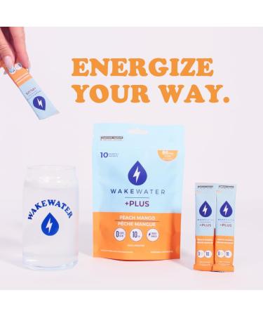WakeWater Plus Energy Powder | Peach Mango 10 x 5g sticks | Vitamins and Electrolytes | Natural Green Tea Caffeine | No Sugar or Artificial Sweetener - Buy Online on GoSupps.com