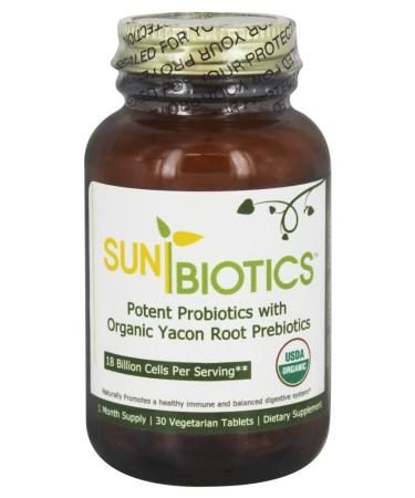 Sunbiotics Potent Probiotics With Organic Yacon Root Prebiotics 30 Vegetarian Tablets