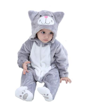 Doladola Unisex Baby Onesies Animal Cartoon Cat Jumpsuits Toddler's Hooded Rompers Outfit 12-18 Months Gray Cat