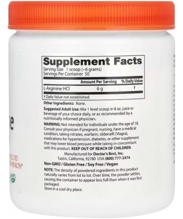 Doctor's Best Pure L-Arginine Powder | Energy and Circulatory Support - 300g - Buy Online on GoSupps.com