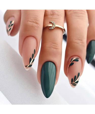 Magrace Almond Press on Nails Medium Green Fake Nails French Tips False Nails with Designs 24 pcs Stick on Nails for Women A-30