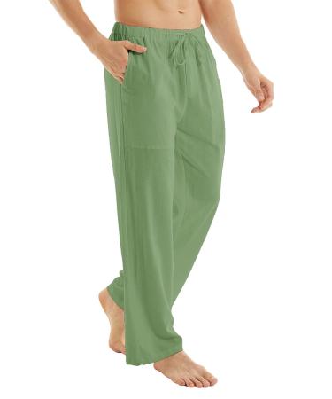 YuKaiChen Men's Casual Beach Pants Drawstring Cotton Linen Loose Open Bottom Yoga Trousers Pockets Medium Fruitgreen