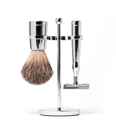 Benjamin Barber Classic 3-Fold Razor Brush Set - Premium Men's Shaving Set in Chrome | Durable Stainless Steel Safety Blade & Brush - Buy Online on GoSupps.com