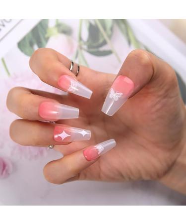 24Pcs/Set Press On Nails Star Pink Gradual Butterfly Long Trapezoidal False Nails Acrylic Fake Nails Full Cover Nails Tips Artificial Finger Manicure Press on nails for Women and Girls - Buy Online on GoSupps.com