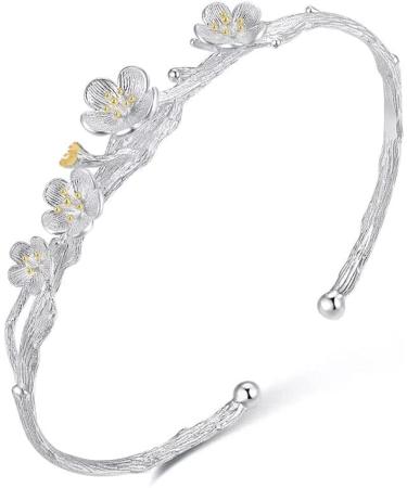 WIPPWER Silver Bracelet Sterling Silver Chain Bracelet Women Silver Bracelet Adjustable Cuff Bangle Hand Carve Flower Bracelets Ladies Jewellery Birthday Gifts for Sisters F
