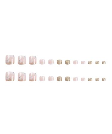24Pcs Square Press-On Toenails - Short Fake Pink & White French Tip with Floral Rhinestones & Gold Glitter - Acrylic Toe nails for Women & Girls - Buy Online on GoSupps.com