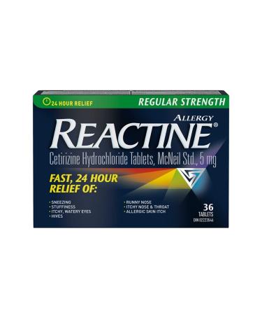Reactine Regular Strength Antihistamine Tablets - 5mg Cetirizine Hydrochloride - 24 Hour Allergy Relief Medicine - 36 Count 36 Count (Pack of 1)