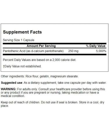 Swanson Pantothenic Acid (Vitamin B-5) 250 mg - Energy & Nerve Support - 250 Capsules - Buy Online on GoSupps.com