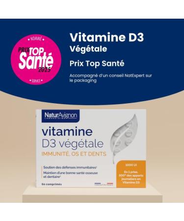 Vitamin D3 100% Vegetable 1000 IU | 500% of daily intake | Immunity Bones & Teeth | Lichen | NaturAvignon Laboratory | 60 tablets | Made in France - Buy Online on GoSupps.com