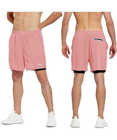 TENJOY Men's 2 in 1 Running Shorts - Quick Dry Gym Athletic Workout Shorts in Light Pink - Medium Size - Buy Online on GoSupps.com