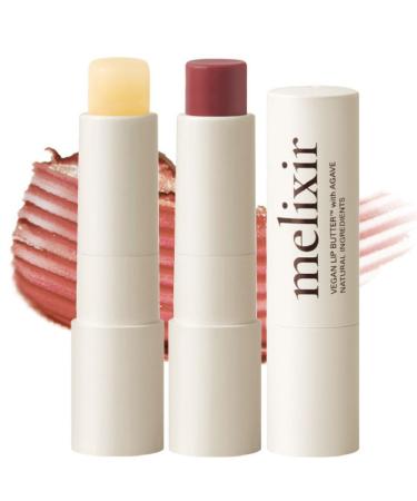 Melixir Vegan Lip Butter Duo Set Hydrating Tinted Lip Balm Gift Set with Shea Butter, Moisturizing for Dry Chapped Lips, Petrolatum-Free, Bee-Free, Sheer Natural Finish (Agave & Nudy Rose)
