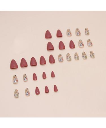30 Pcs Reddish Brown Almond Press on Nails - BHLFRH Flower Design Full Cover Acrylic Fake Nails for Women & Girls - Perfect French Tips - Buy Online on GoSupps.com