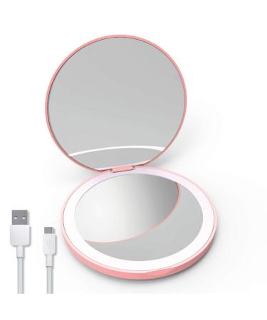 Aekegrep LED Lighted Travel Makeup Mirror  1x/2x Magnification Compact Mirror  Compact  Portable 3.5 inch Illuminated Folding Mirror  Handheld 2-Sided Mirror  Round (Pink)