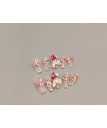 IJRMTVWO Handmade Wearing Nail Pink bow sweet Coffin type manicure Nail Patch Wearable Nail Removable reusable 10PCS 1 count (Pack of 1)