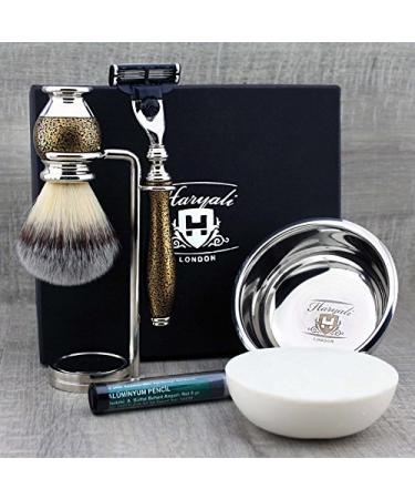 Mens Grooming & Shaving Kit 3 Edge Razor With Synthetic Badger Hair Shaving Brush Stand Soap Bowl and Alum Perfect Set For Men