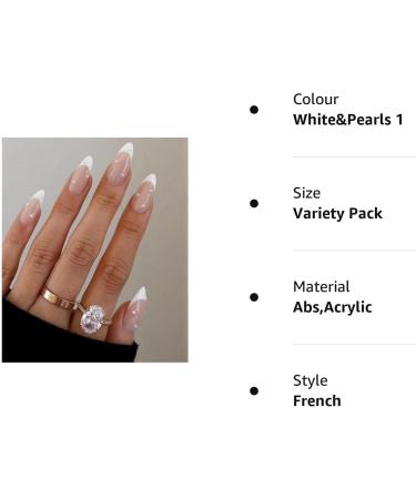 JUSTOTRY 24 Pcs Oval Pearls Short White French False Nails with Nail Glue - Funky Glossy Almond Stick-on Nails for Women - Nail Art White & Pearls - Buy Online on GoSupps.com