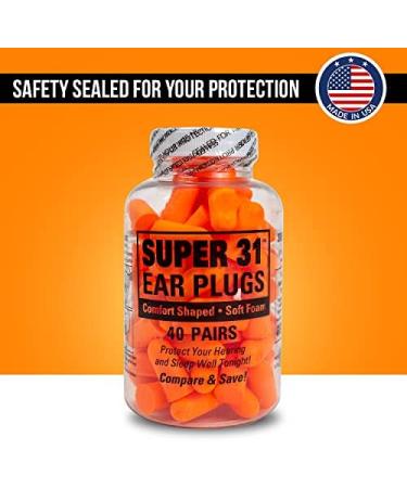 Super 31 Ultra Soft Foam Earplugs 40 Pair - 32dB Noise Reduction - Comfortable Noise Canceling for Travel, Studying, Sleeping, Snoring, Concerts, Work & Construction - Buy Online on GoSupps.com