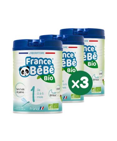 FRANCE BéBé BIO - Infant milk for babies 1st age powder 0 to 6 months - Milk made in France - BIFIDUS - PALM OIL FREE - Pack 3 boxes of 800g
