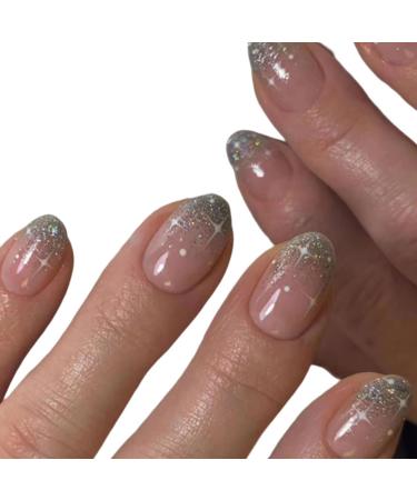 Mouyouglow press on nails short short round nude pink silver glitter fake nails full cover artificial nails with nail glue natural nude color star acrylic artificial fingernails for women press i26