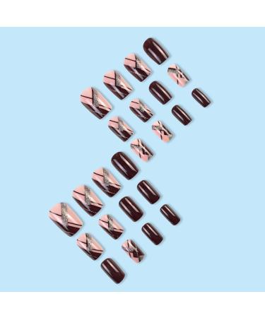 Press on Nails Short Square Fake Nails Wine red glittering pink line False Nails Gloss Reusable Press on Nails Designs Acrylic Nails Press on Artificial Nails Stick on Nails For Women Girls 24Pcs - Buy Online on GoSupps.com