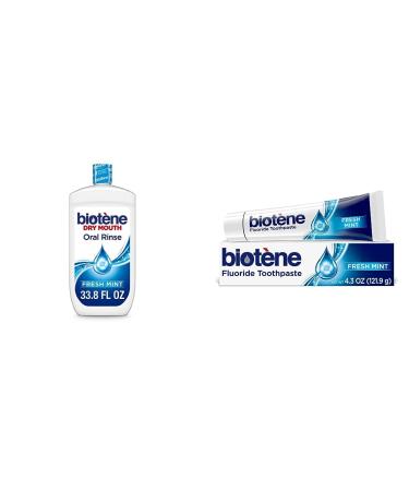 biot ne Oral Rinse Mouthwash - 33.8 fl oz & Fluoride Toothpaste for Dry Mouth Symptoms Bad Breath Treatment and Cavity Prevention Fresh Mint 4.3 Ounce (Pack of 1) - Packaging May Vary