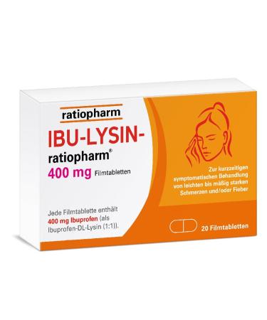 IBU lysine ratiopharm 400 mg film-coated tablets: quick help against pain.Pain relievers with the active ingredient ibuprofen lysine 20 pieces 20 pieces (1 Pack)