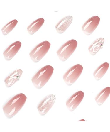 VOTACOS Short Square Press on Nails - Light Pink with Bling Butterfly Design | Glossy Stick on False Nails for Women - Buy Online on GoSupps.com