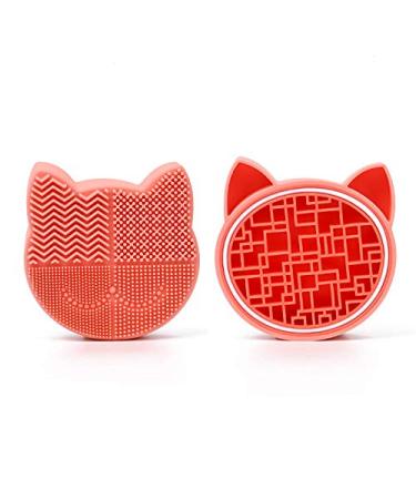 2 in 1 Brush Cleaner Cat Shaped Brush Cleaning Pad Silicone Makeup Brush Cleaning Mat with Brush Dryer Holder Portable Washing Tool for Makeup orange