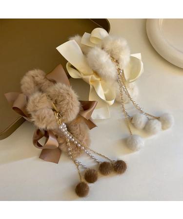 Furry Hair Claw Big Bow Hair Clips with Pearl Tassel for Women and Girls - Pink - Buy Online on GoSupps.com