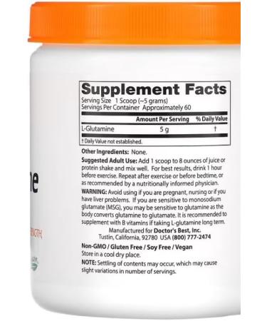 Doctor's Best - L-Glutamine Powder | Support for Gut Health & Immune Function - 300g - Buy Online on GoSupps.com