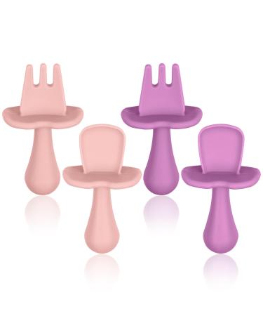 Vicloon Baby Fork and Spoon Set 4Pcs Infant Silicone Self Feeding Utensil Easy Grip Toddler Cutlery Kit Baby Weaning and Feeding Spoons for Infant Children First Led Training Weaning(Pink-Purple) - Buy Online on GoSupps.com