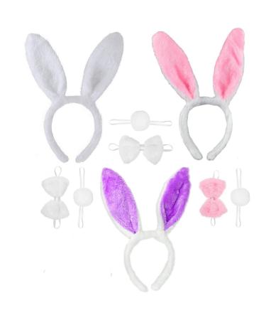 Rabbit Ears Headband Bunny Costume 3 Sets Rabbit Ears Headband and Tail Bow Tie for Adult Children Cosplay Christmas Carnival Party
