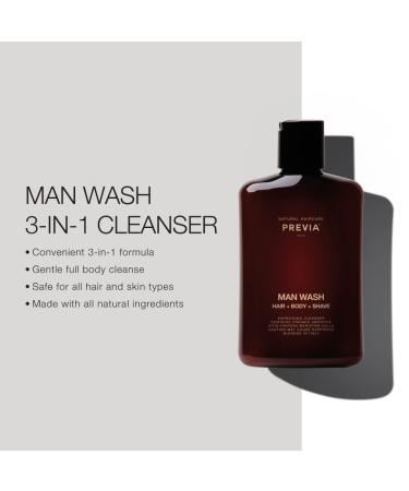 PREVIA Man Wash 3-in-1 Cleanser - Hair Shampoo Body Wash Shaving Conditioner (8.45 oz) | Best Men's Grooming Product for All-in-One Cleanliness - Buy Online on GoSupps.com