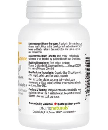 Prairie Naturals Vitamin D3 Cholecalciferol 1 000 IU in Organic Extra-Virgin Olive Oil Softgel - 180 Count 180 count (Pack of 1) - Buy Online on GoSupps.com