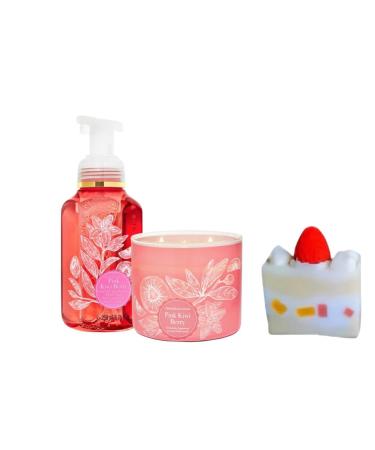 Pink Kiwi Berry - White BarnBath/Body Work- 3-Wick Scented Candle 14.5 OZ Burns 25-45 Hours and Gentle Foaming Hand Soap 8.75 Ounce with Strawberry Cake soap (Label Artwork Varies)