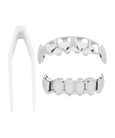 Grillz braces hip hop teeth grill set hollow coating braces fashionable metal teeth decoration jewelry for party halloween festival (silver)