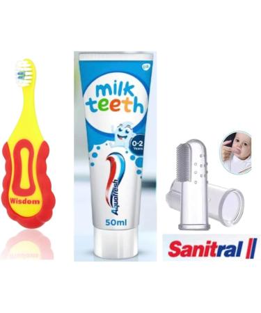 Buy Wisdom Baby Toothbrush Set 0-2 Years | Aquafresh Milk Teeth Toothpaste 50ml | Silicone Finger Brush Ideal for Infant Dental Care - Buy Online on GoSupps.com