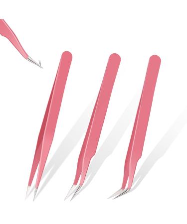 3 pieces pink eyelash extension tweezers set stainless steel straight and curve pointed tweezers metal eyelashes petting false eyelashes application tool for eyelash extension women girls - Buy Online on GoSupps.com