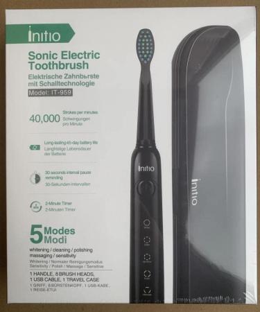 Initio Sonic Electric Toothbrush - 5 Cleaning Programs - Travel Case & 8 Replacement Heads - Rechargeable & Waterproof - Smart Timer - Gloss Black - Buy Online on GoSupps.com