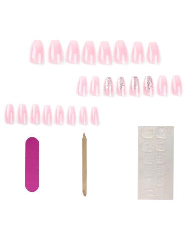 Shop 24pcs Medium Length Pink Gradient Square Press-On Nails with Glitter | Full Cover Glossy Fake Nails & Glue for Women - Buy Online on GoSupps.com