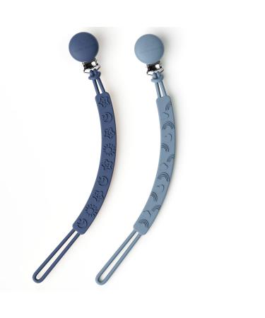 Cuddle Campus Pacifier Clip Pack of 2 Pacifier Holder Clip with One Piece Design Soft Flexible Silicone Baby Pacifier Holder with Texture for Boy and Girl Boothbay Gray+Estate Blue