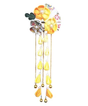 CRB Fashion Womens Girls Kimono Traditional Tsumami Kanzashi Outfit Wedding Japanese Asian Yukata Hair Tie Flower Floral Sakura Fan Barrette Clip (Yellow)