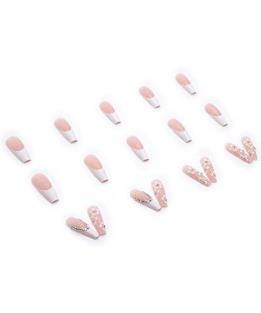 French Long Pink Coffin Fake Nails with Flower and Rhinestones - 24pcs | Press on Nail with Jelly Stickers | Ballerina Nail Tips for Women Girls - Trendy Nail Decor - Buy Online on GoSupps.com