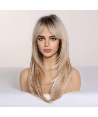 HAIRCUBE Blonde Ombre Long Curly Wig with Bangs - Heat Resistant Synthetic Shoulder Length Wig for Women - Buy Online on GoSupps.com