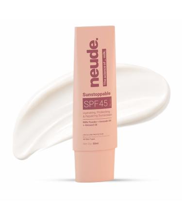 Neude Sunstoppable Sunscreen With Spf 45 Pa+++ & No White Cast For Men & Women Daily Use Broad-Spectrum Protecting & Repairing Sunscreen Moisturizer Blue Light Protection Paraben-Free 50Ml
