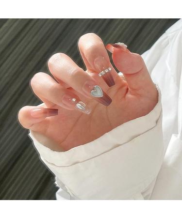 24Pcs/Set Press On Nails Wine Red Love Diamond Chain Diamonds Medium Long False Nails Acrylic Fake Nails Full Cover Nails Tips Artificial Finger Manicure Press on nails for Women and Girls