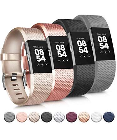 Tobfit Sport Bands Compatible with Fitbit Charge 2, 4 Pack, Replacement Wristbands for Women Men, Small/Large Black/Champagne/Rose Gold/Grey Small