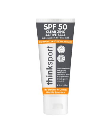 Thinksport SPF 50 Clear Zinc Active Face - Safe  Natural Mineral Sunscreen for All Skin Tones - Water Resistant Facial Sun Protection   Vegan Sun Lotion  2 Fl oz