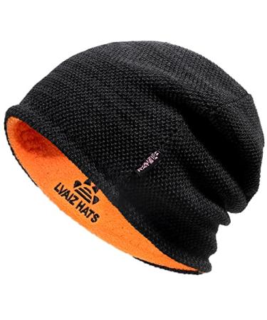 Lvaiz Mens Winter Beanie Hat Warm Fleece Lined Skull Cap for Men Reversible Women Windproof Watch Hat Knit Warm Unisex Beanie Black+orange One Size