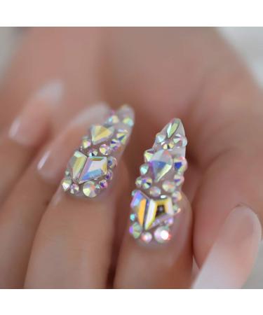 Luxury Extra Long Ombre French Designer Fake Nails with AB Stones Decoration - Stiletto Shape | Pre-designed Natural Tips with Crystal Jewelry - Ombre Luxe - Buy Online on GoSupps.com